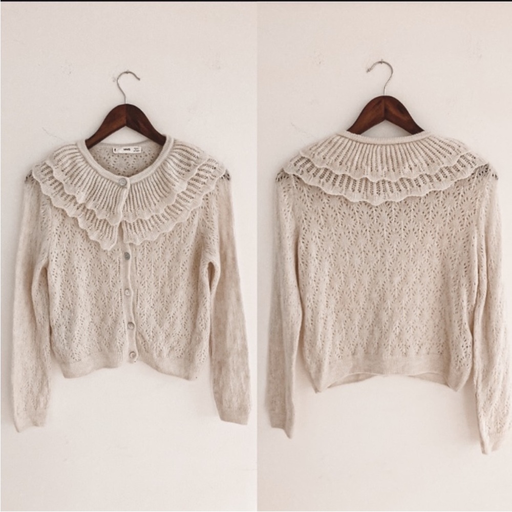 Mango Cream Knit Pointelle Cardigan with Ruffled Collar - Picture 3 of 4